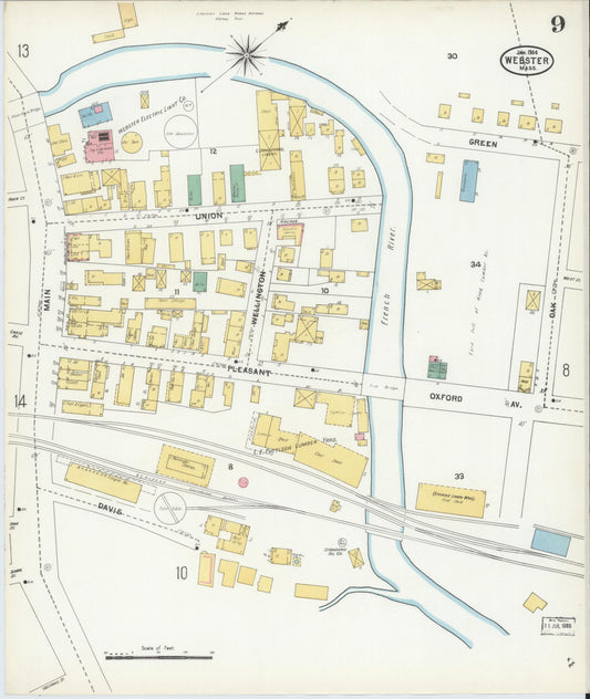 Sanborn Fire Insurance Map from Webster, Worcester County, Massachusetts (1904), Sheet #0009 - Historic Sanborn Fire Insurance Map Print, vintage old map wall art, antique decor, genealogy gift, Massachusetts Massachusetts map