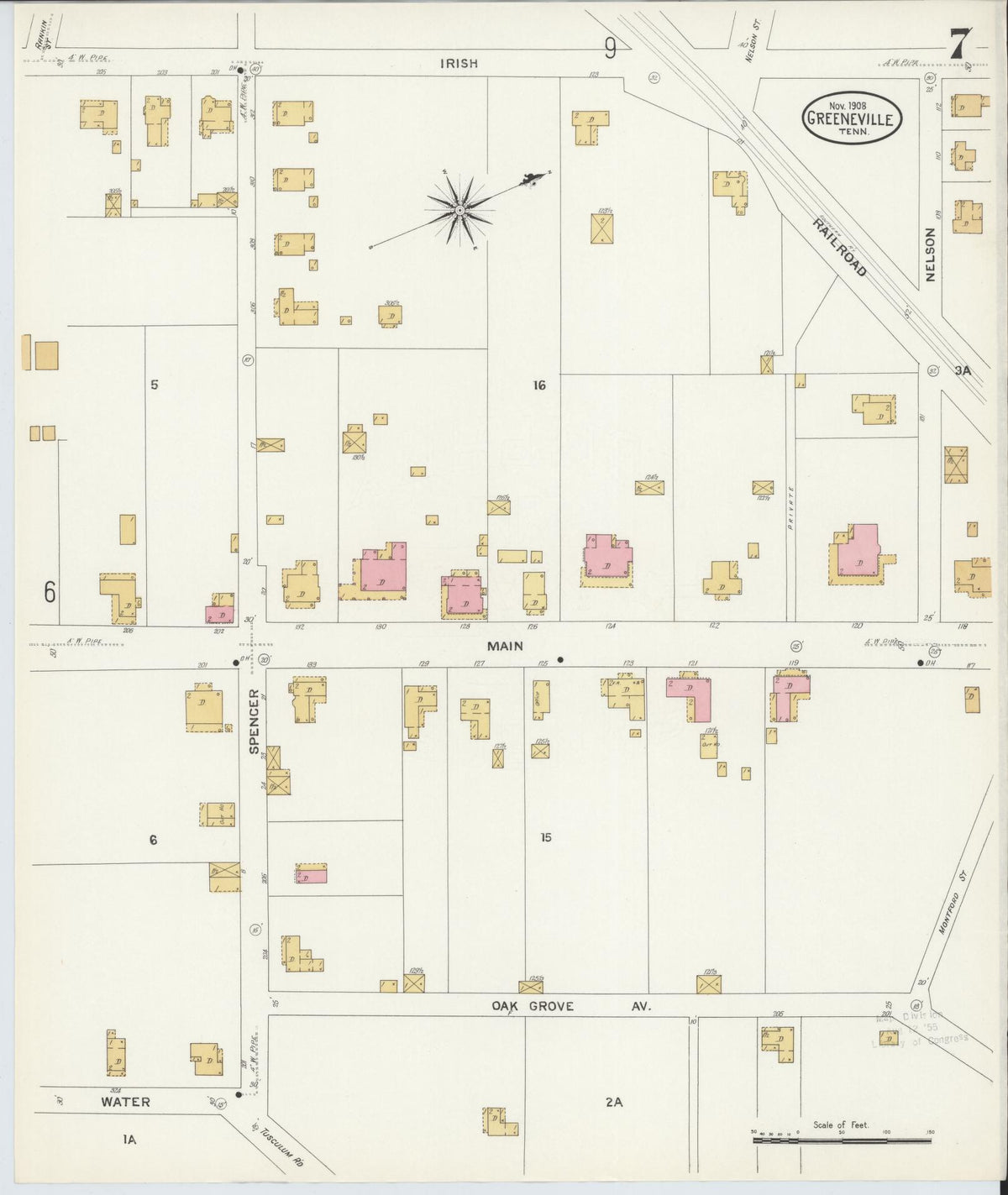 Sanborn Fire Insurance Map from Greeneville, Greene County, Tennessee (1908), Sheet #0007 - Complete Map Set gallery image, historic Sanborn map, vintage wall art, Tennessee Tennessee
