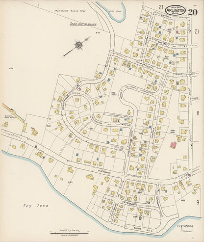 Sanborn Fire Insurance Map from Arlington, Middlesex County, Massachusetts (1922), Sheet #0020 - Historic Sanborn Fire Insurance Map Print, vintage old map wall art, antique decor, genealogy gift, Massachusetts Massachusetts map
