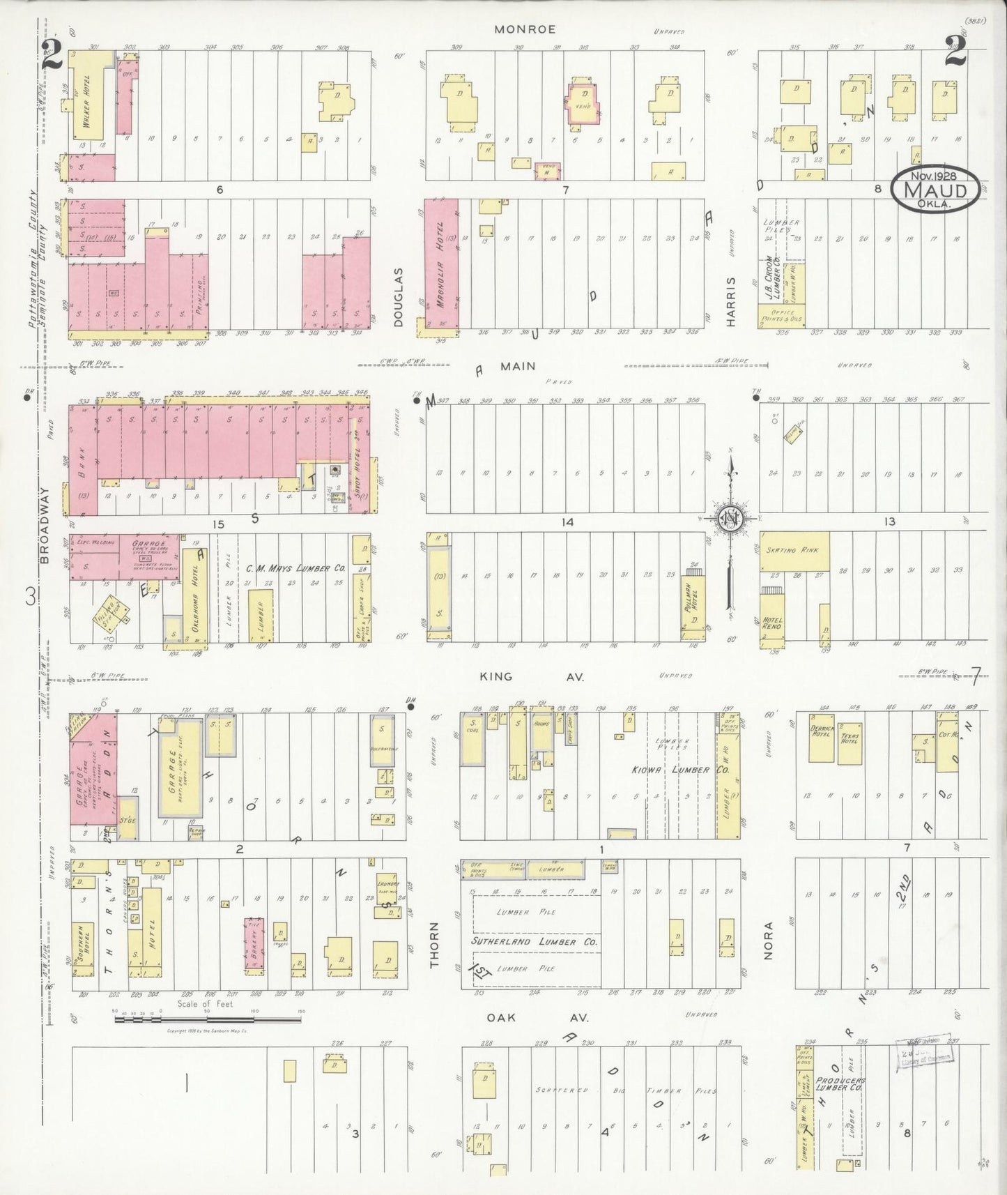 Sanborn Fire Insurance Map from Maud, Pottawatomie County, Oklahoma (1928), Sheet #0002 - Complete Map Set gallery image, historic Sanborn map, vintage wall art, Oklahoma Oklahoma