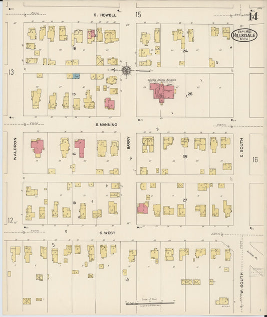 Sanborn Fire Insurance Map from Hillsdale, Hillsdale County, Michigan (1922), Sheet #0014 - Historic Sanborn Fire Insurance Map Print, vintage old map wall art, antique decor, genealogy gift, Michigan Michigan map