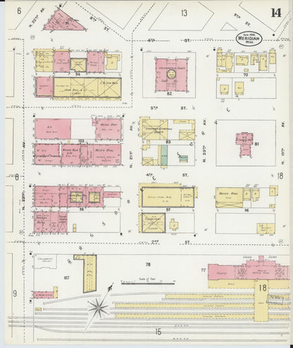 Sanborn Fire Insurance Map from Meridian, Lauderdale County, Mississippi (1906), Sheet #0014 - Complete Map Set gallery image, historic Sanborn map, vintage wall art, Mississippi Mississippi