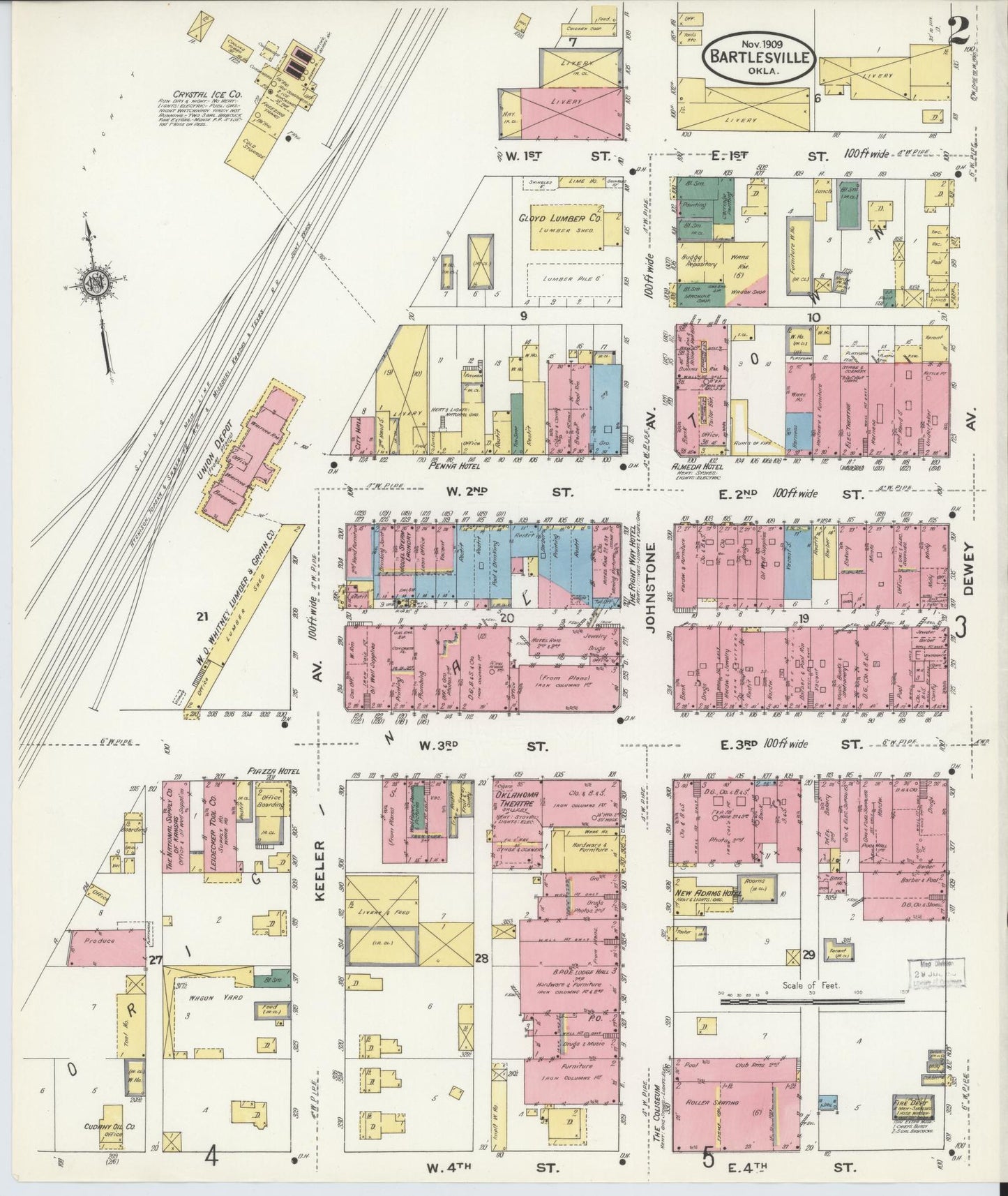 Sanborn Fire Insurance Map from Bartlesville, Washington County, Oklahoma (1909), Sheet #0002 - Historic Sanborn Fire Insurance Map Print, vintage old map wall art, antique decor, genealogy gift, Oklahoma Oklahoma map