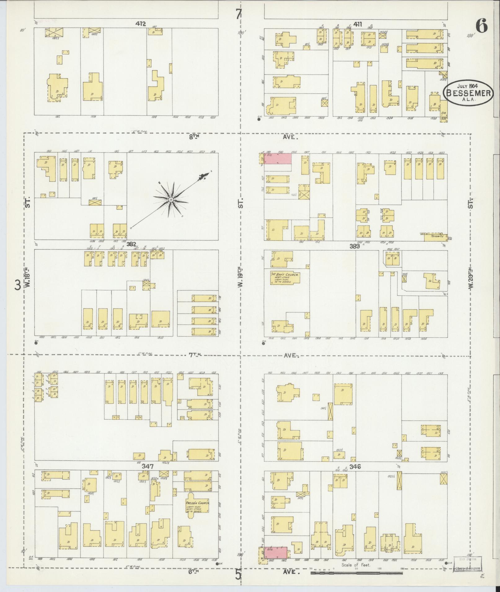 Sanborn Fire Insurance Map from Bessemer, Jefferson County, Alabama (1904), Sheet #0006 - Historic Sanborn Fire Insurance Map Print, vintage old map wall art, antique decor, genealogy gift, Alabama Alabama map