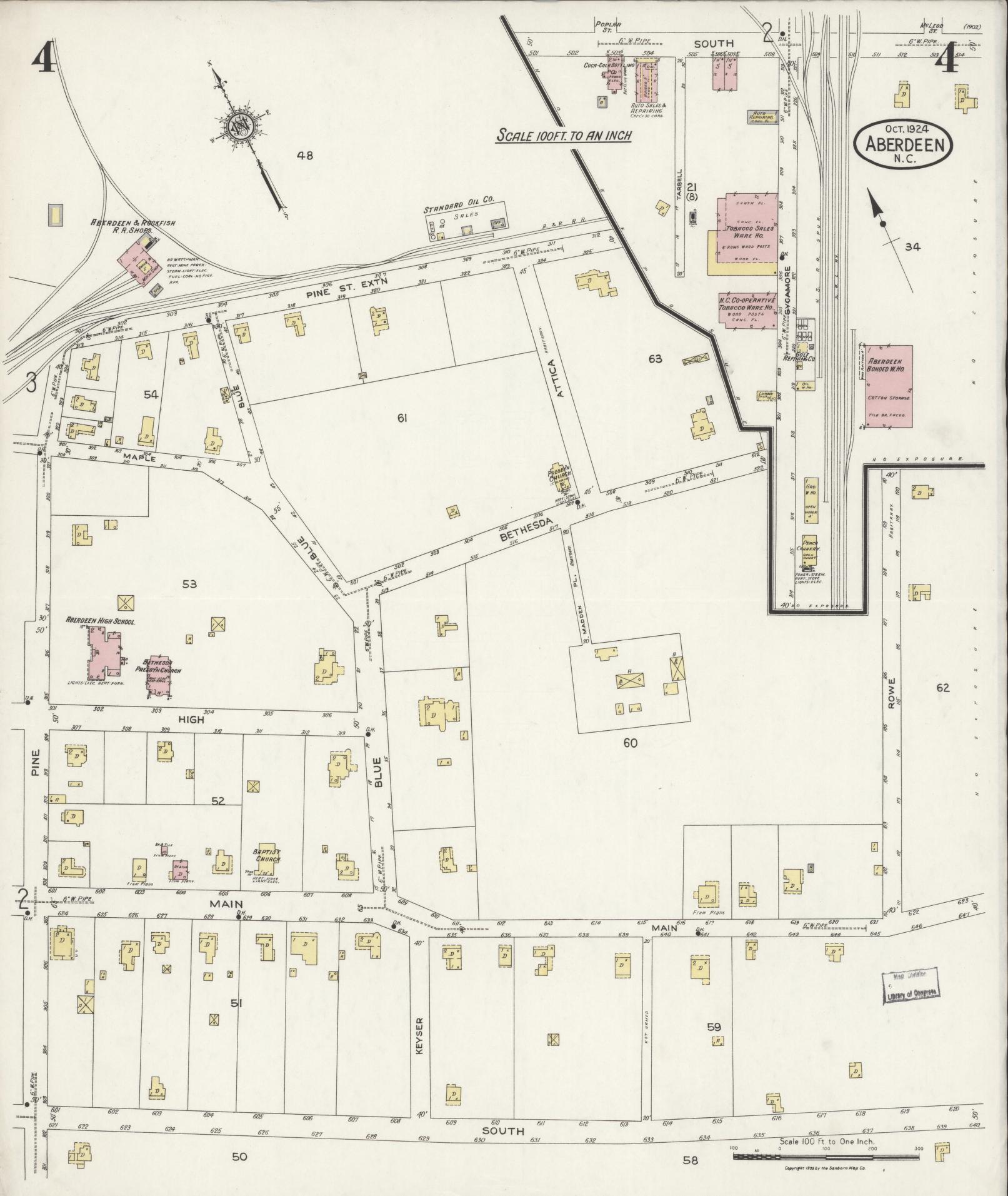 Sanborn Fire Insurance Map from Aberdeen, Moore County, North Carolina (1924), Sheet #0004 - Historic Sanborn Fire Insurance Map Print, vintage old map wall art, antique decor, genealogy gift, North Carolina North Carolina map