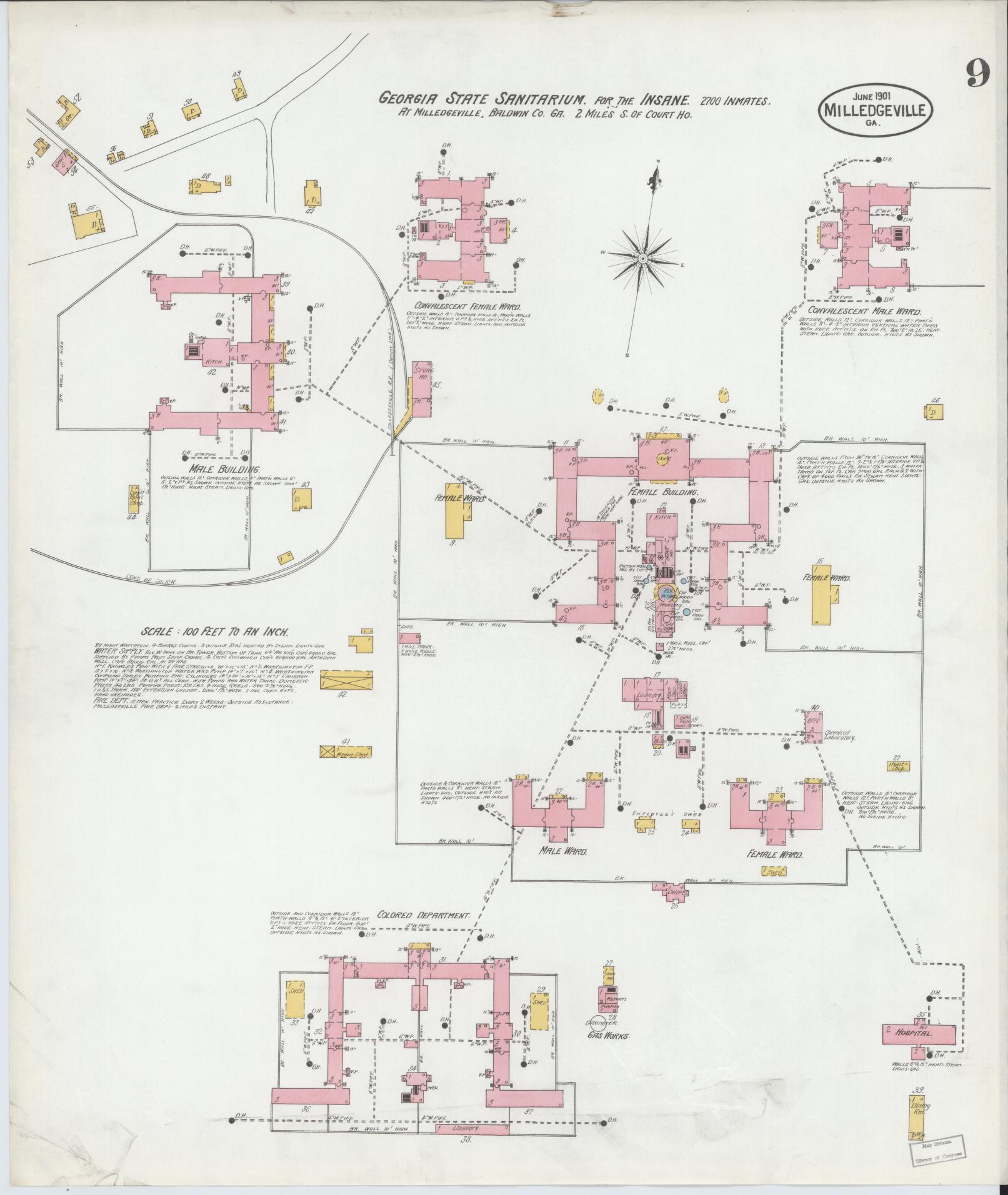 Sanborn Fire Insurance Map from Milledgeville, Baldwin County, Georgia (1901), Sheet #0009 - Historic Sanborn Fire Insurance Map Print, vintage old map wall art, antique decor, genealogy gift, Georgia Georgia map
