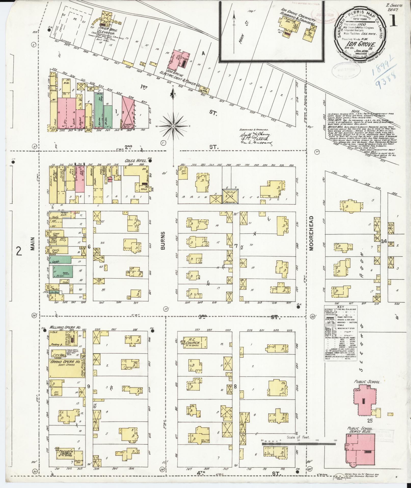 Sanborn Fire Insurance Map from Ida Grove, Ida County, Iowa (1899), Sheet #0001 - Historic Sanborn Fire Insurance Map Print, vintage old map wall art