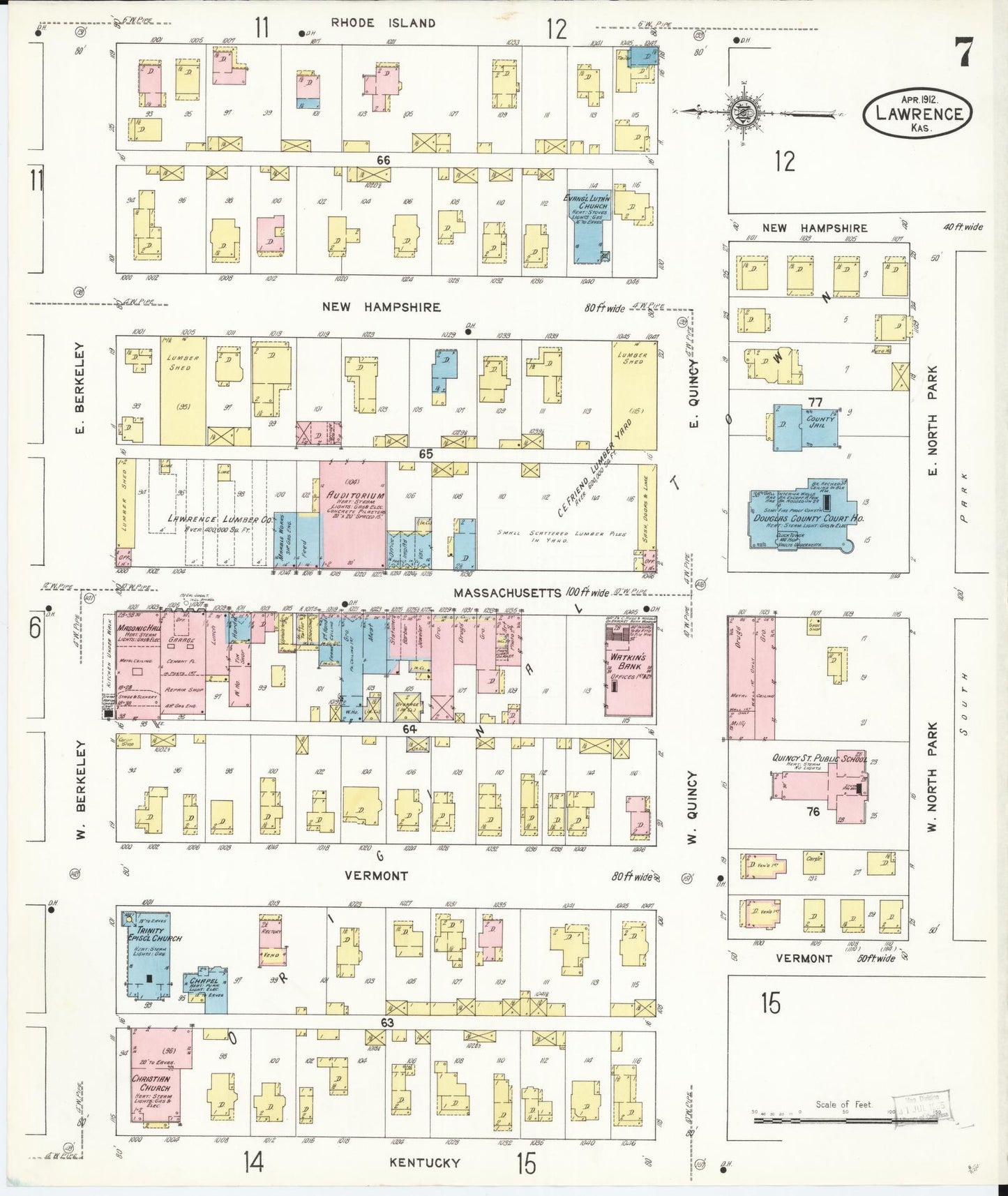 Sanborn Fire Insurance Map from Lawrence, Douglas County, Kansas (1912), Sheet #0007 - Complete Map Set gallery image, historic Sanborn map, vintage wall art, Kansas Kansas