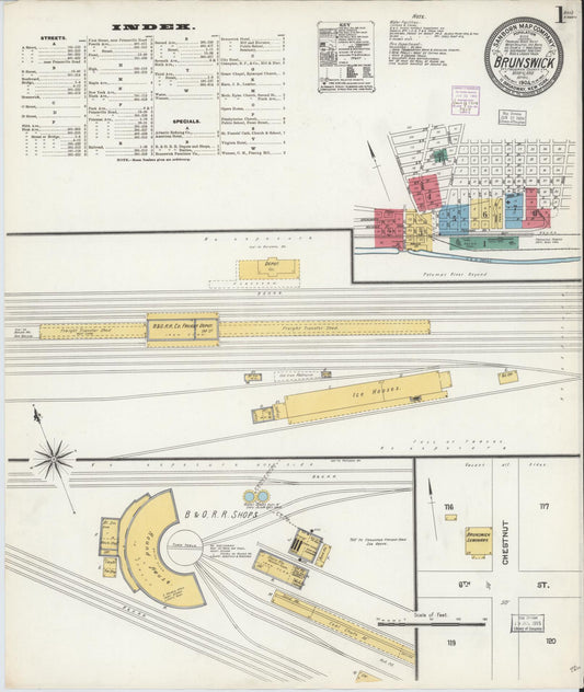 Sanborn Fire Insurance Map from Brunswick, Frederick County, Maryland (1904), Sheet #0001 - Historic Sanborn Fire Insurance Map Print, vintage old map wall art, antique decor, genealogy gift, Maryland Maryland map