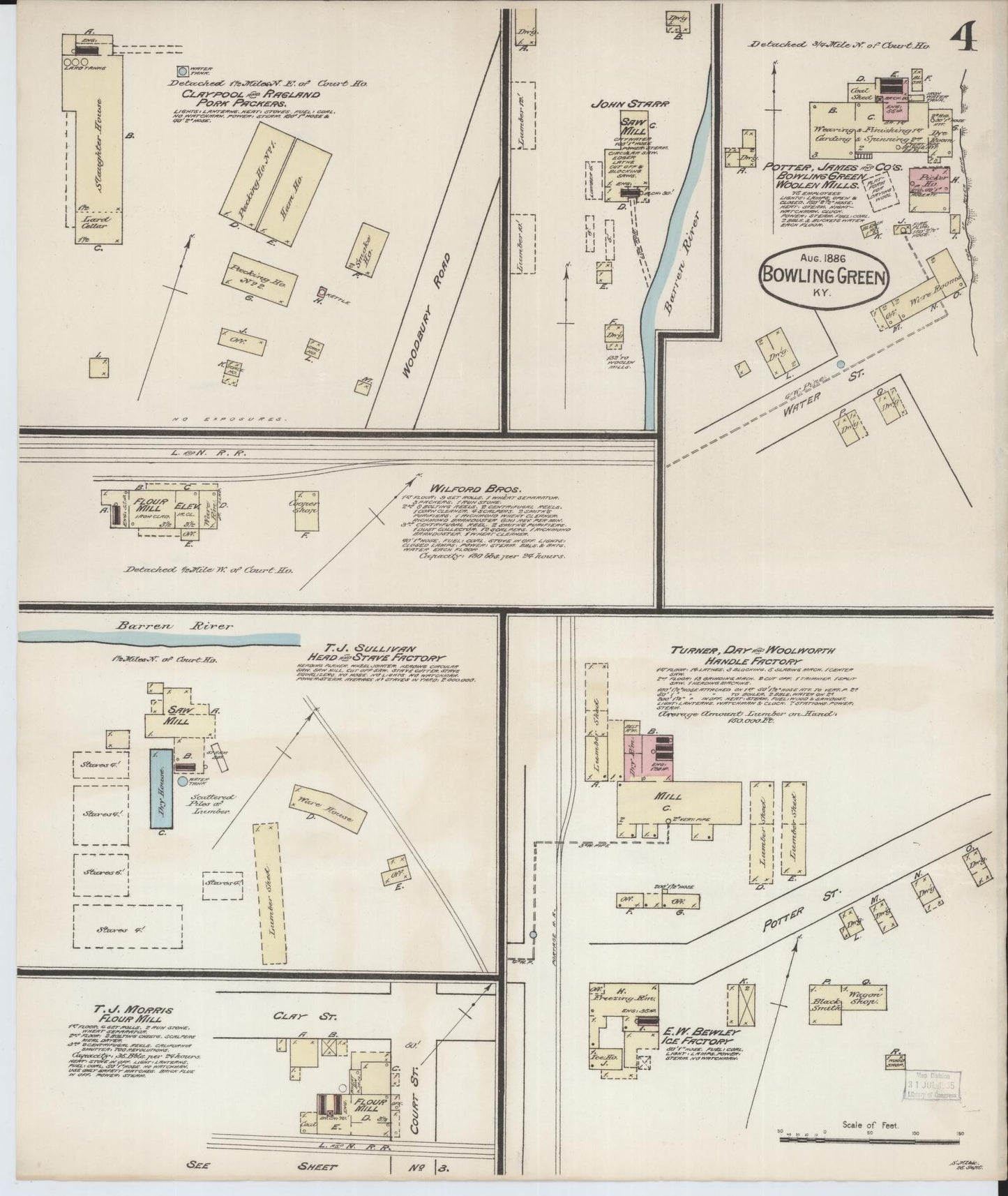 Sanborn Fire Insurance Map from Bowling Green, Warren County, Kentucky (1886), Sheet #0004 - Historic Sanborn Fire Insurance Map Print, vintage old map wall art, antique decor, genealogy gift, Kentucky Kentucky map
