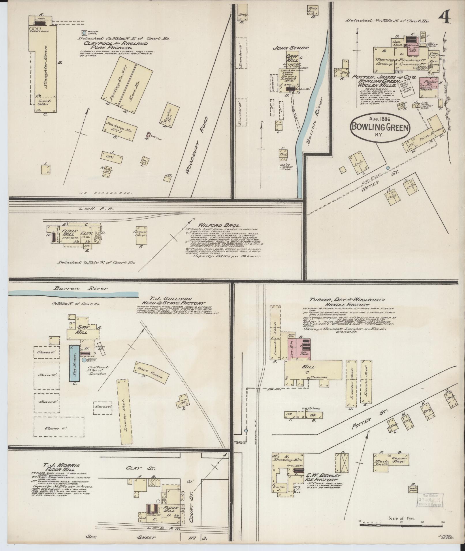 Sanborn Fire Insurance Map from Bowling Green, Warren County, Kentucky (1886), Sheet #0004 - Historic Sanborn Fire Insurance Map Print, vintage old map wall art, antique decor, genealogy gift, Kentucky Kentucky map