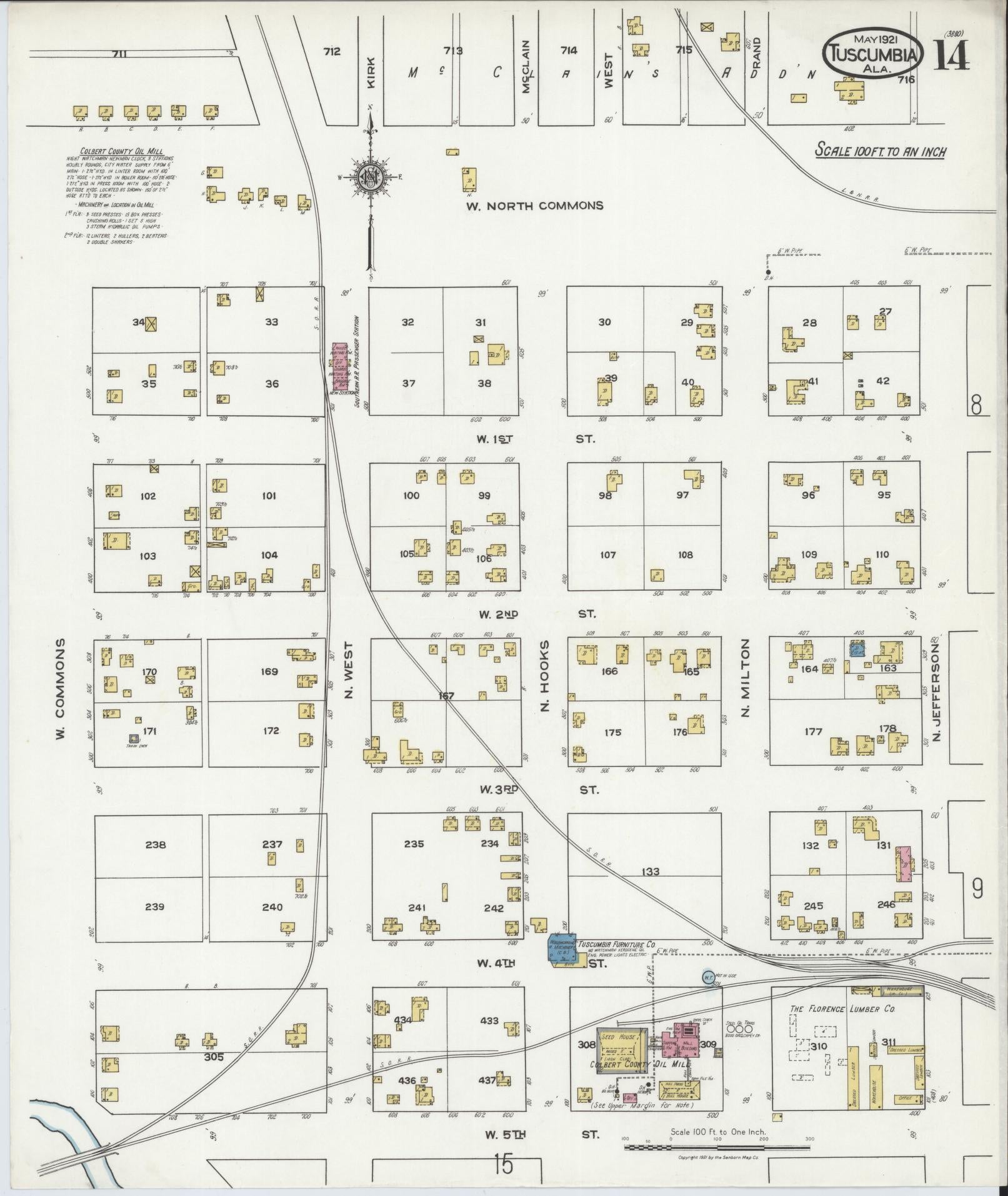 Sanborn Fire Insurance Map from Tuscumbia, Colbert County, Alabama (1921), Sheet #0014 - Complete Map Set gallery image, historic Sanborn map, vintage wall art, Alabama Alabama