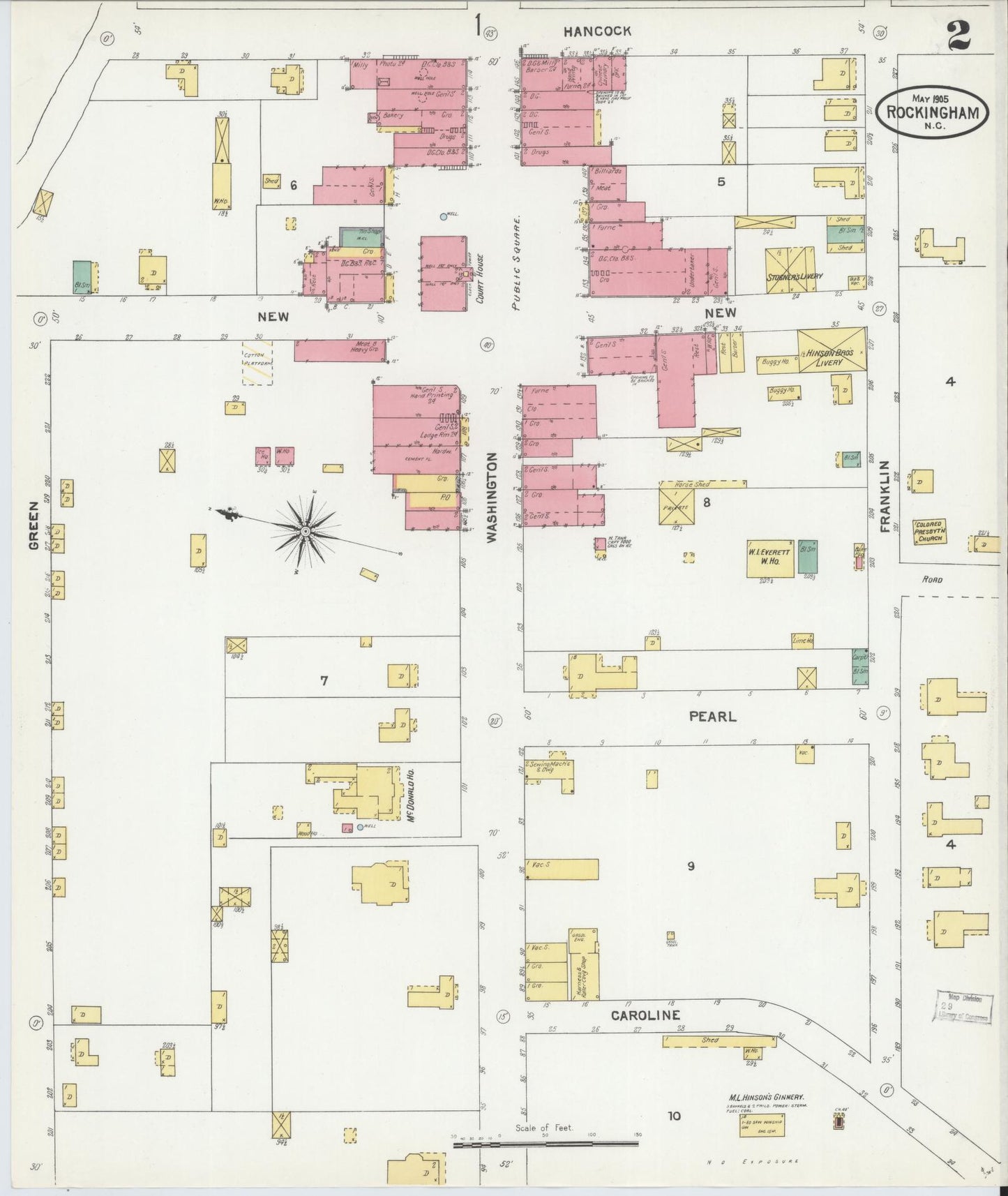 Sanborn Fire Insurance Map from Rockingham, Richmond County, North Carolina (1905), Sheet #0002 - Complete Map Set gallery image, historic Sanborn map, vintage wall art, North Carolina North Carolina