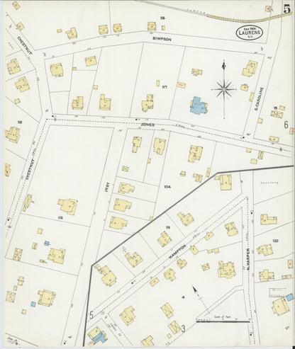 Sanborn Fire Insurance Map from Laurens, Laurens County, South Carolina (1906), Sheet #0005 - Complete Map Set gallery image, historic Sanborn map, vintage wall art, South Carolina South Carolina