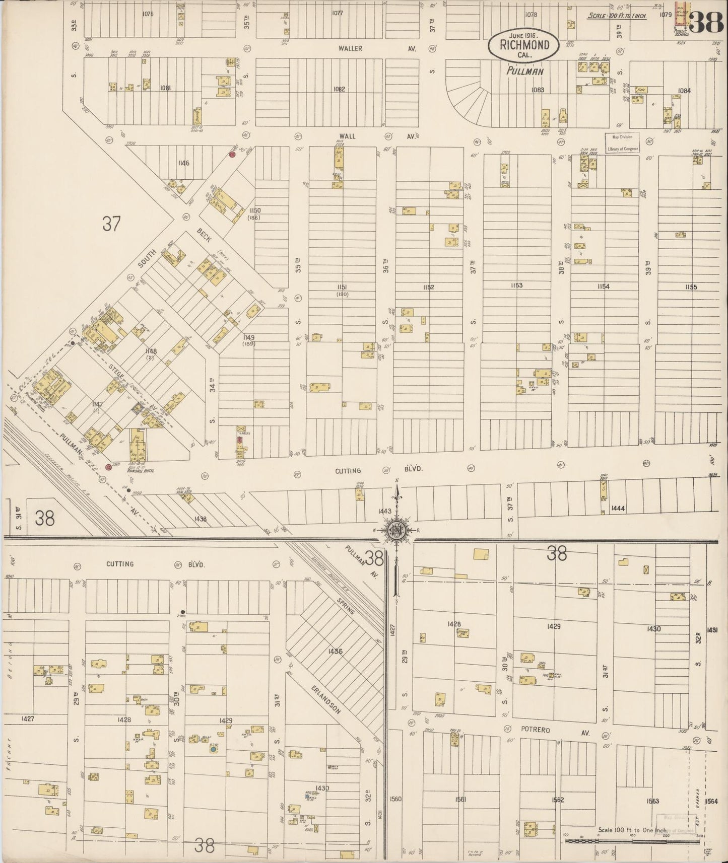 Sanborn Fire Insurance Map from Richmond, Contra Costa County, California (1916), Sheet #0038 - Complete Map Set gallery image, historic Sanborn map, vintage wall art, California California