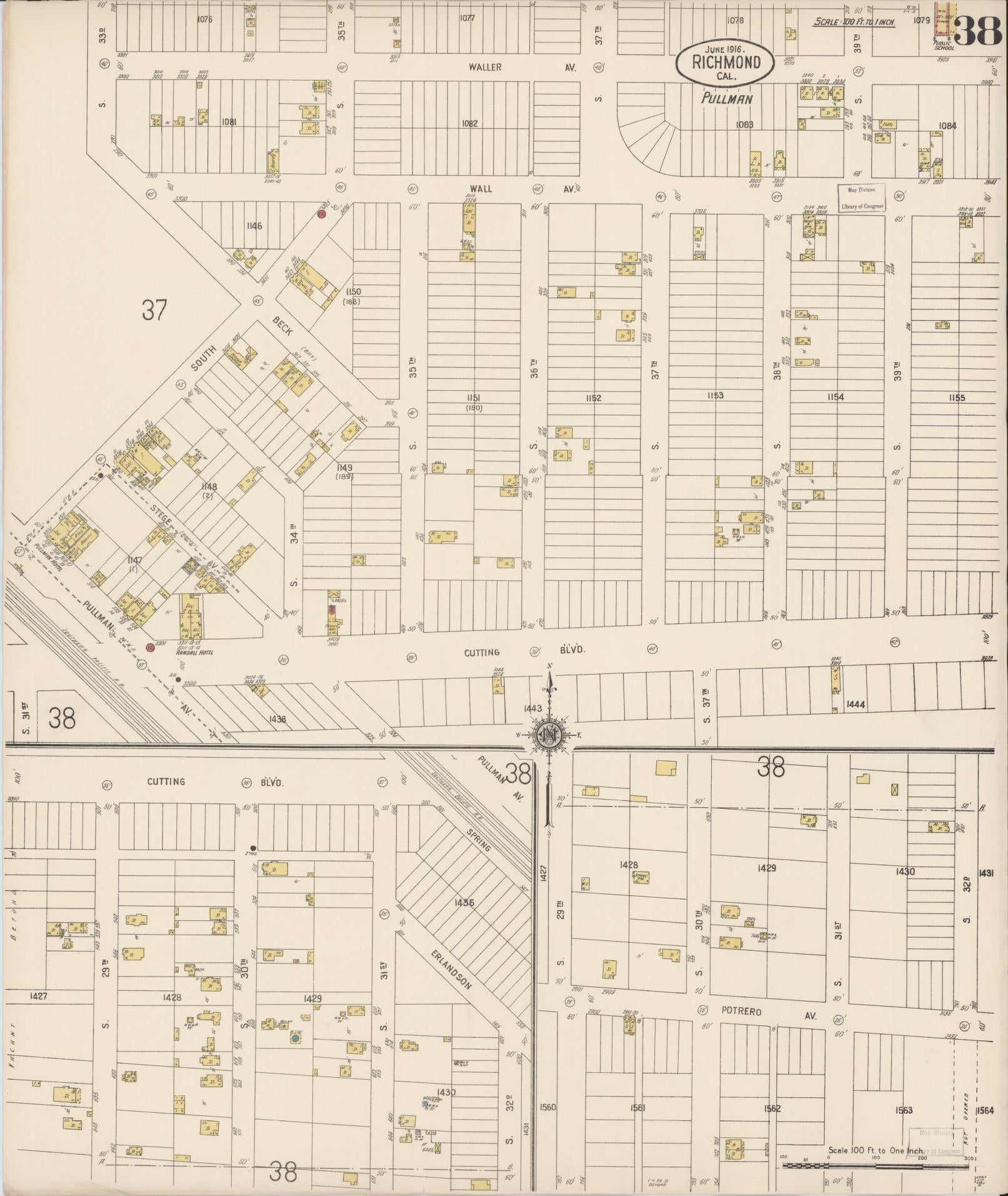 Sanborn Fire Insurance Map from Richmond, Contra Costa County, California (1916), Sheet #0038 - Complete Map Set gallery image, historic Sanborn map, vintage wall art, California California