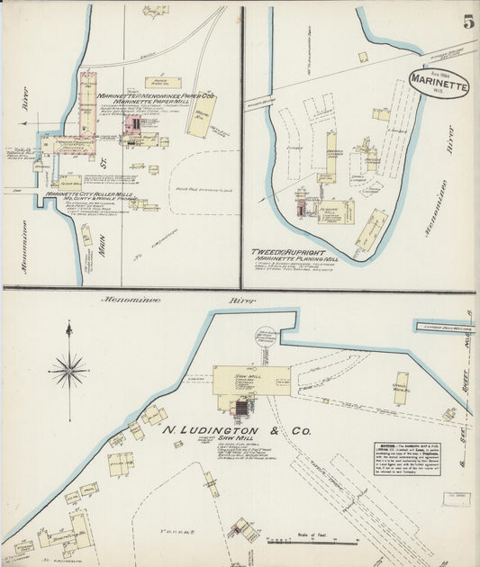 Sanborn Fire Insurance Map from Marinette, Marinette County, Wisconsin (1884), Sheet #0005 - Historic Sanborn Fire Insurance Map Print, vintage old map wall art, antique decor, genealogy gift, Wisconsin Wisconsin map