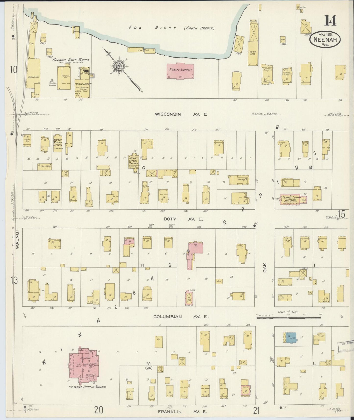 Sanborn Fire Insurance Map from Neenah, Winnebago County, Wisconsin (1913), Sheet #0014 - Complete Map Set gallery image, historic Sanborn map, vintage wall art, Wisconsin Wisconsin