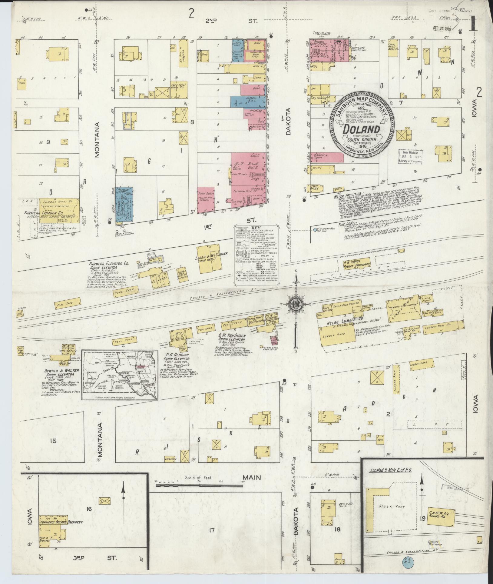 Sanborn Fire Insurance Map from Doland, Spink County, South Dakota (1916), Sheet #0001 - Historic Sanborn Fire Insurance Map Print, vintage old map wall art, antique decor, genealogy gift, South Dakota South Dakota map