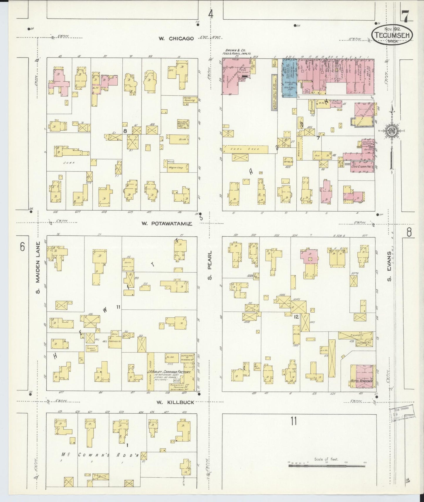 Sanborn Fire Insurance Map from Tecumseh, Lenawee County, Michigan (1912), Sheet #0007 - Historic Sanborn Fire Insurance Map Print, vintage old map wall art, antique decor, genealogy gift, Michigan Michigan map