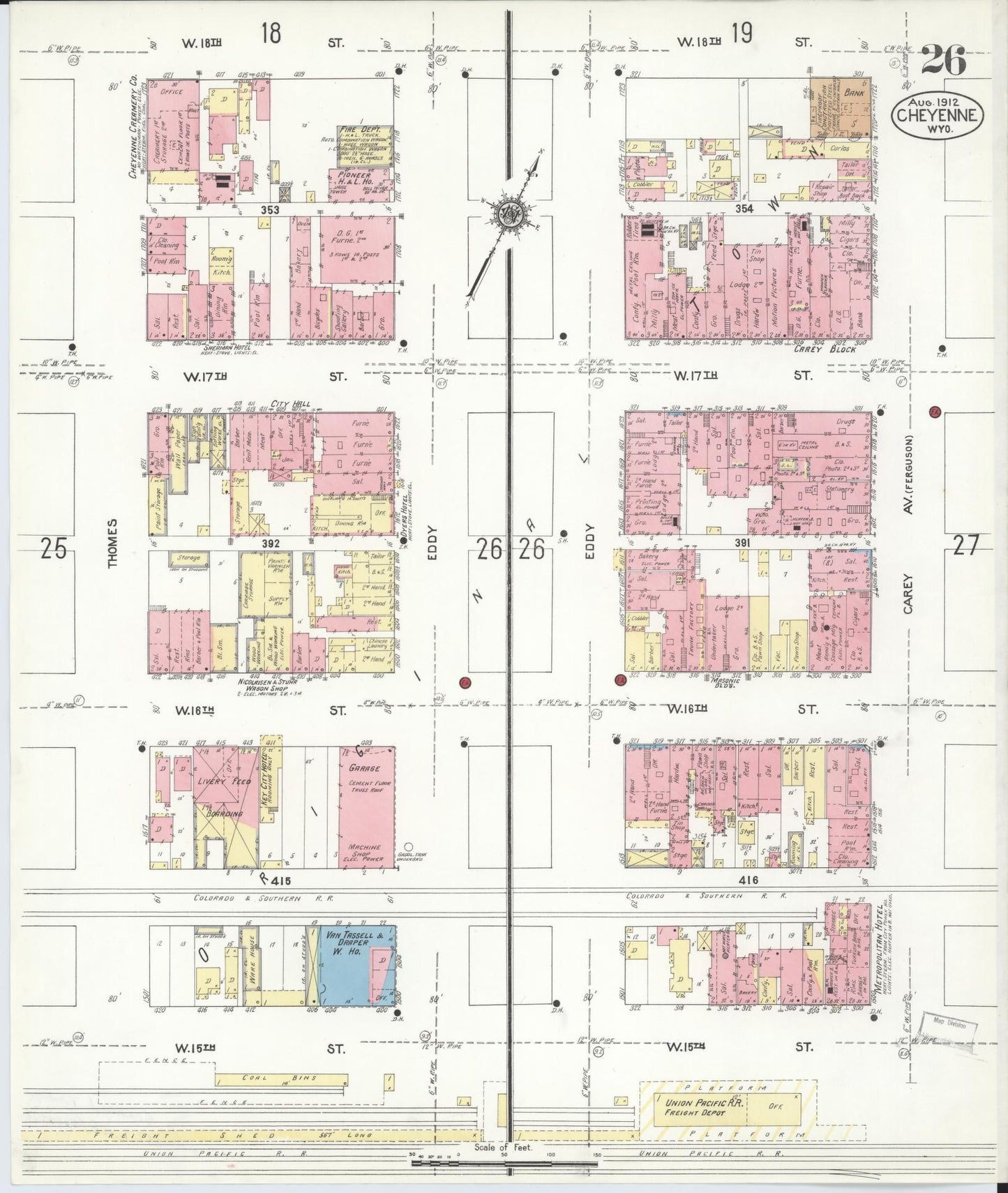 Sanborn Fire Insurance Map from Cheyenne, Laramie County, Wyoming (1912), Sheet #0026 - Complete Map Set gallery image, historic Sanborn map, vintage wall art, Wyoming Wyoming