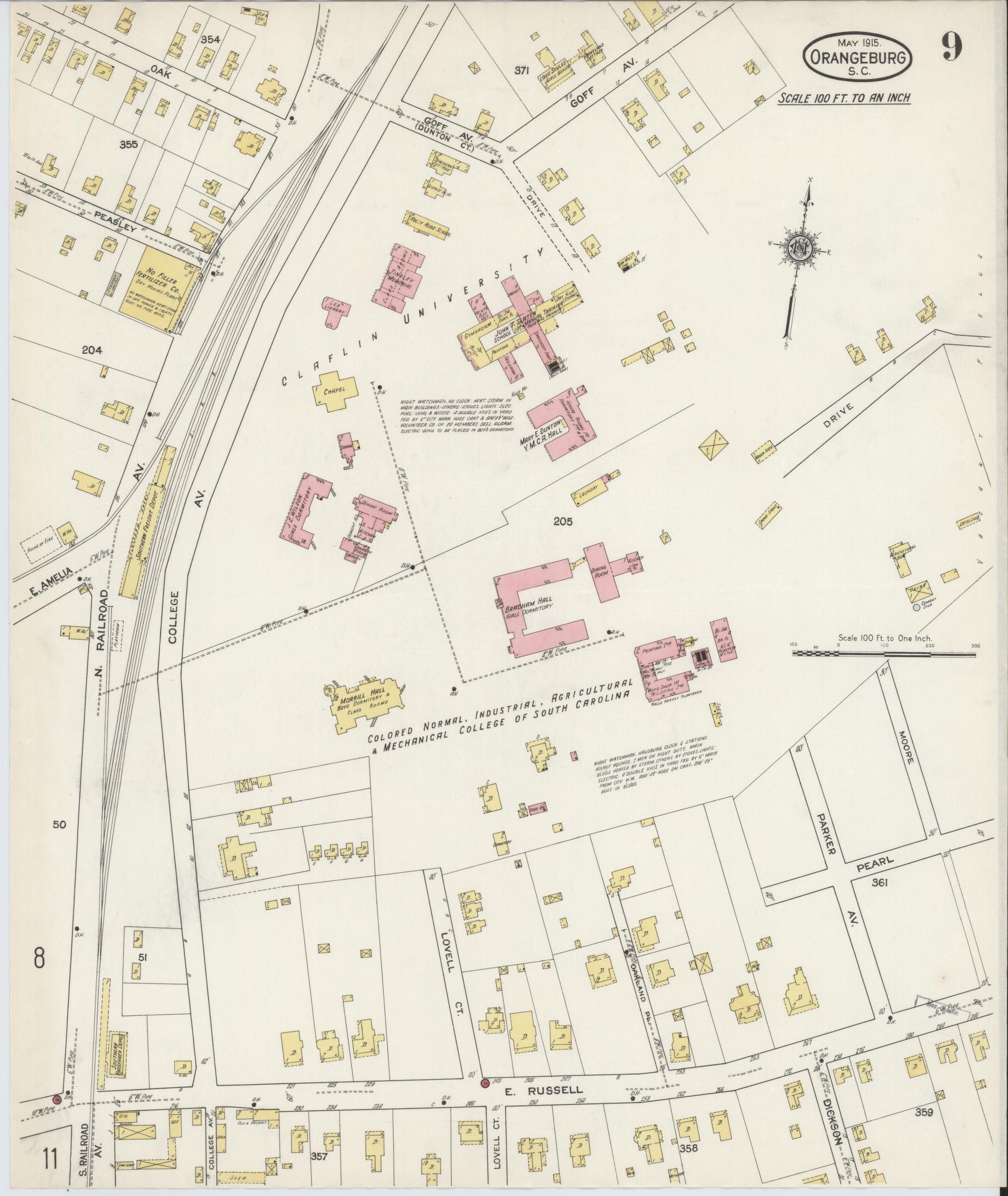 Sanborn Fire Insurance Map from Orangeburg, Orangeburg County, South Carolina (1915), Sheet #0009 - Complete Map Set gallery image, historic Sanborn map, vintage wall art, South Carolina South Carolina