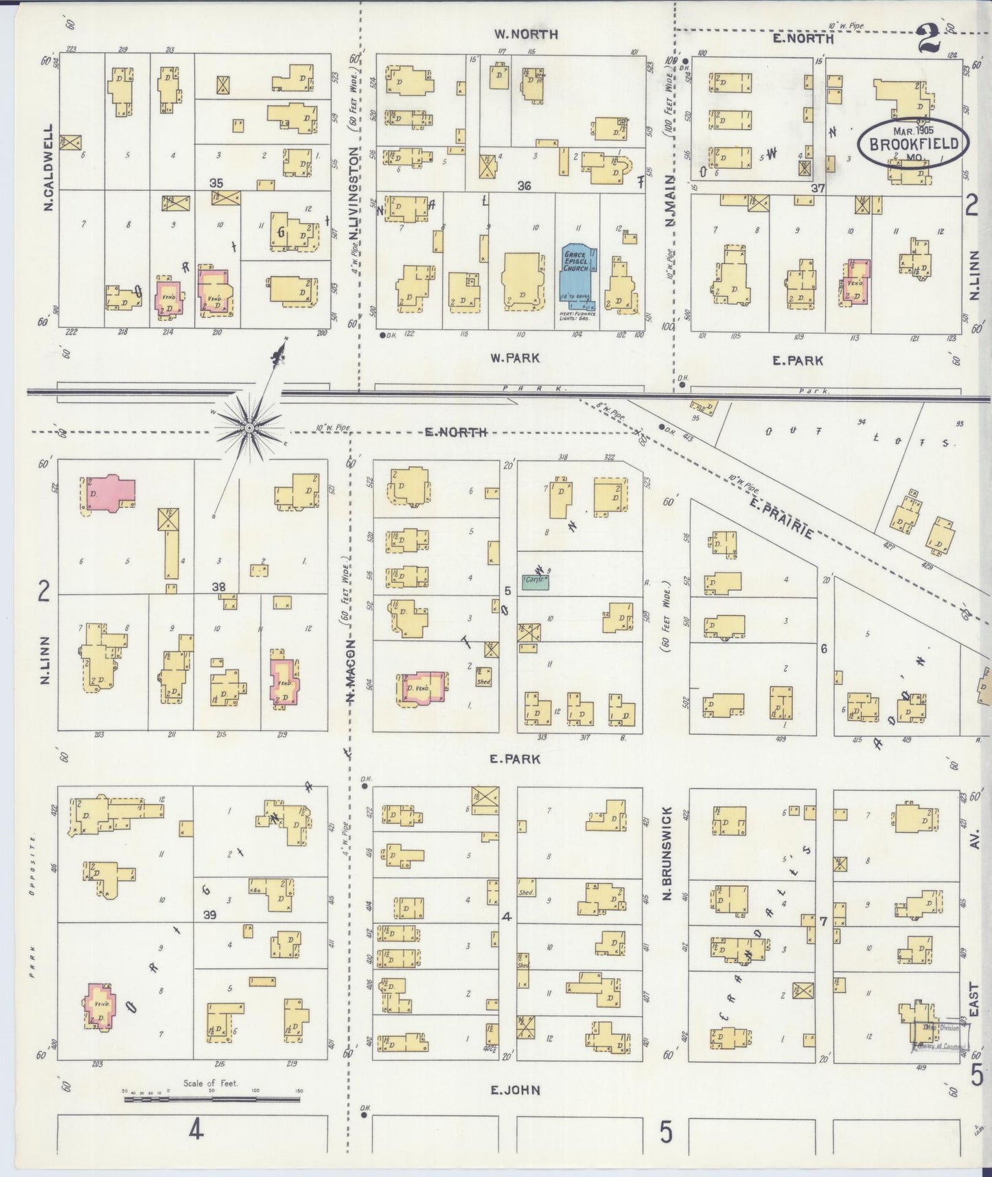 Sanborn Fire Insurance Map from Brookfield, Linn County, Missouri (1905), Sheet #0002 - Historic Sanborn Fire Insurance Map Print, vintage old map wall art, antique decor, genealogy gift, Missouri Missouri map
