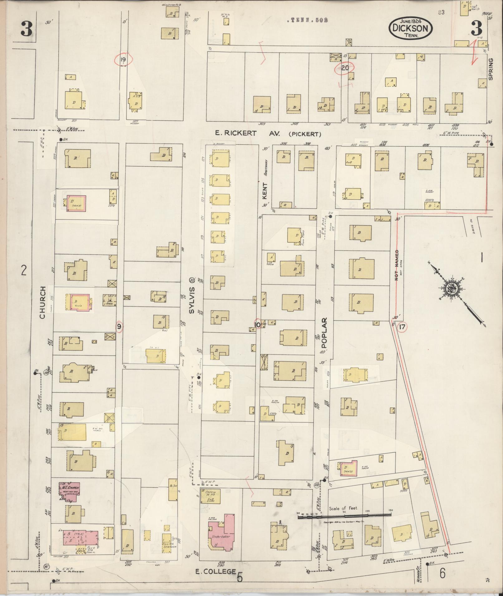 Sanborn Fire Insurance Map from Dickson, Dickson County, Tennessee (1941), Sheet #0003 - Complete Map Set gallery image, historic Sanborn map, vintage wall art, Tennessee Tennessee