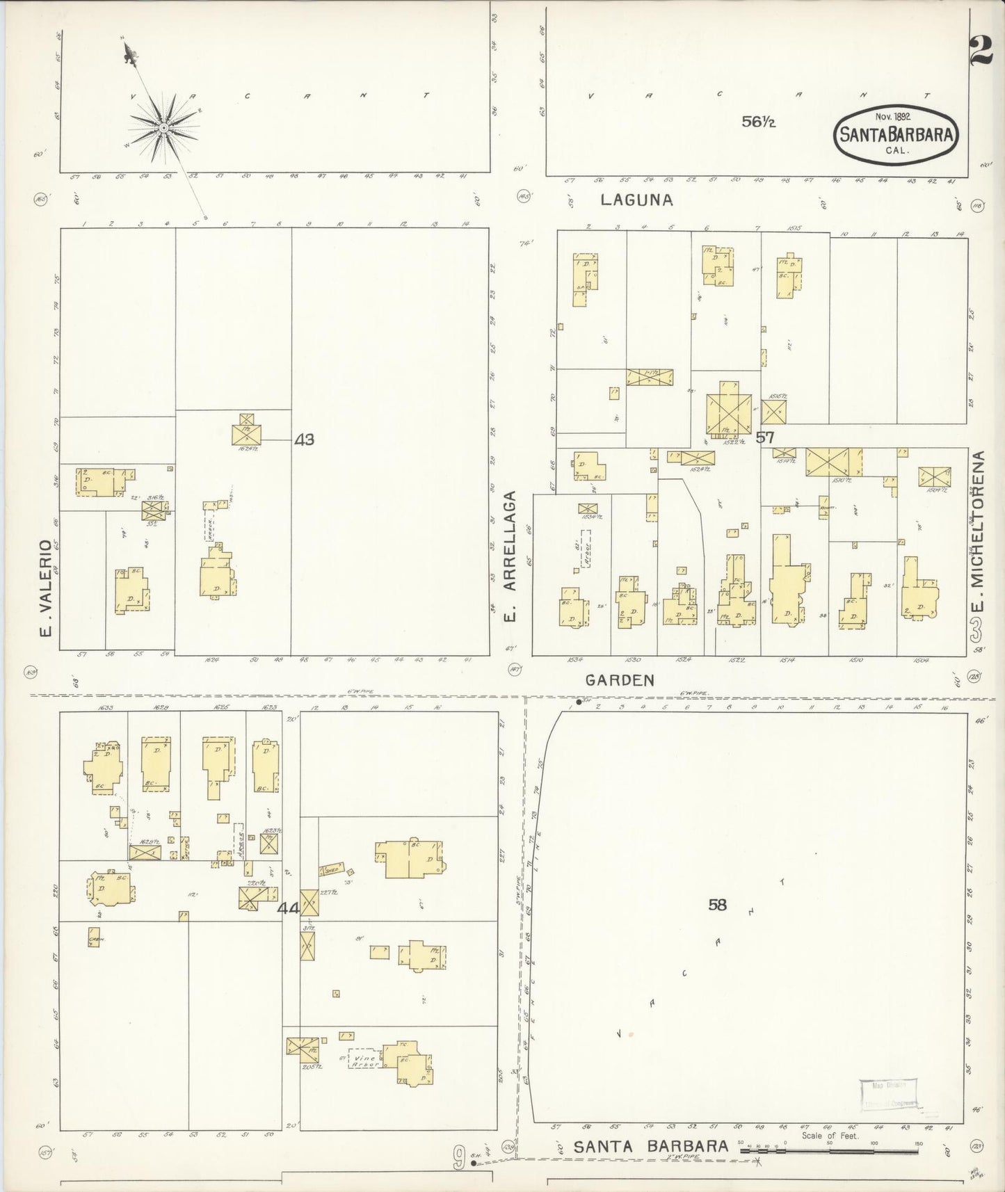 Sanborn Fire Insurance Map from Santa Barbara, Santa Barbara County, California (1892), Sheet #0002 - Complete Map Set gallery image, historic Sanborn map, vintage wall art, California California