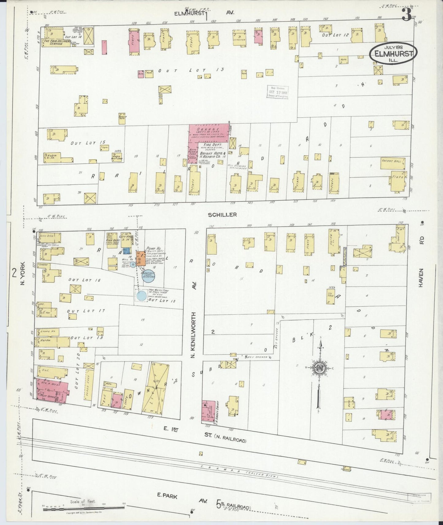 Sanborn Fire Insurance Map from Elmhurst, Du Page County, Illinois (1918), Sheet #0003 - Historic Sanborn Fire Insurance Map Print, vintage old map wall art, antique decor, genealogy gift, Illinois Illinois map