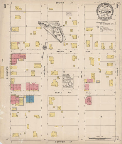 Sanborn Fire Insurance Map from Williston, Levy County, Florida (1923), Sheet #0001 - Complete Map Set gallery image, historic Sanborn map, vintage wall art, Florida Florida