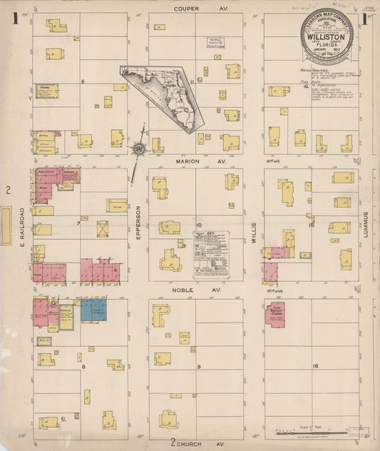 Sanborn Fire Insurance Map from Williston, Levy County, Florida (1923), Sheet #0001 - Complete Map Set gallery image, historic Sanborn map, vintage wall art, Florida Florida