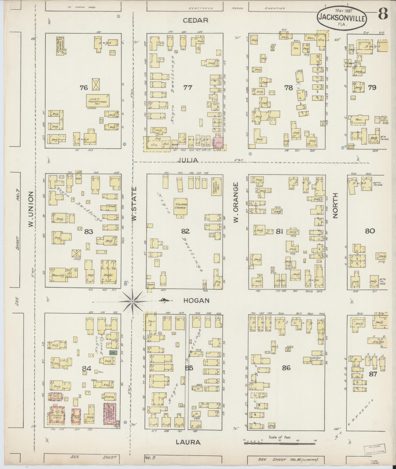 Sanborn Fire Insurance Map from Jacksonville, Duval County, Florida (1887), Sheet #0008 - Historic Sanborn Fire Insurance Map Print, vintage old map wall art, antique decor, genealogy gift, Florida Florida map