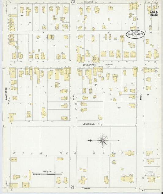 Sanborn Fire Insurance Map from Lake Charles, Calcasieu Parish, Louisiana (1909), Sheet #0022 - Historic Sanborn Fire Insurance Map Print, vintage old map wall art, antique decor, genealogy gift, Louisiana Louisiana map