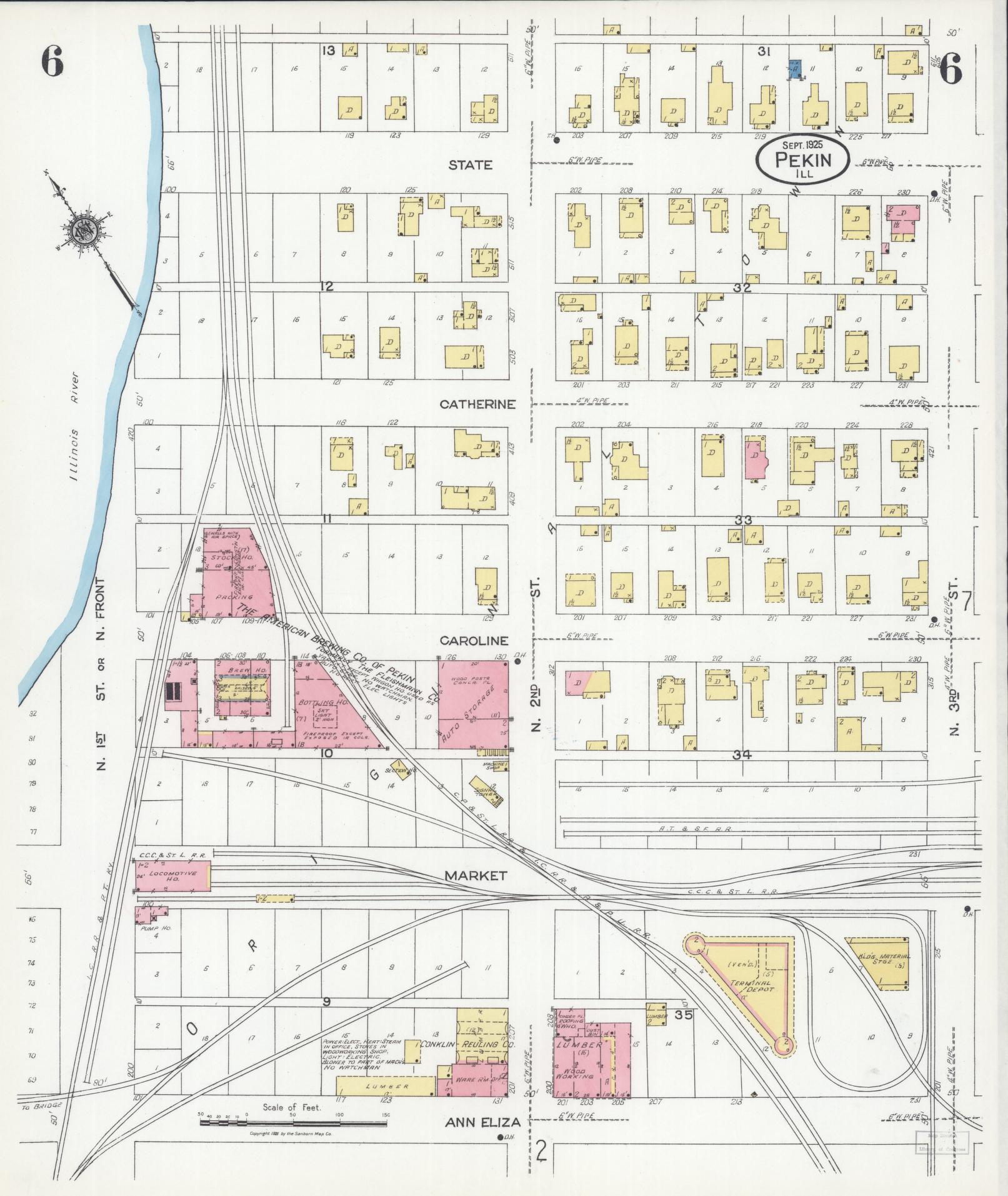 Sanborn Fire Insurance Map from Pekin, Tazewell County, Illinois (1925), Sheet #0006 - Historic Sanborn Fire Insurance Map Print, vintage old map wall art, antique decor, genealogy gift, Illinois Illinois map