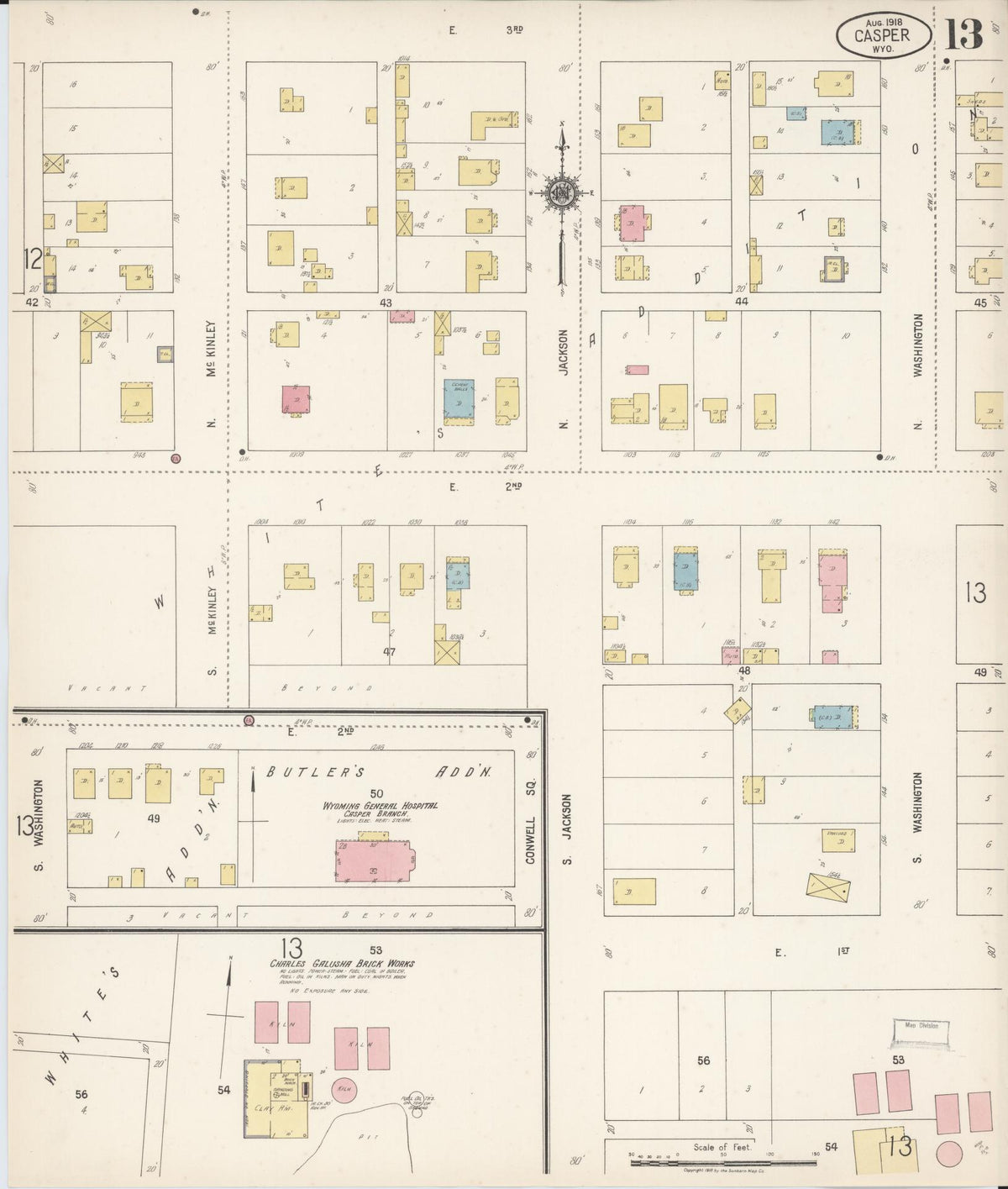 Sanborn Fire Insurance Map from Casper, Natrona County, Wyoming (1918), Sheet #0013 - Complete Map Set gallery image, historic Sanborn map, vintage wall art, Wyoming Wyoming