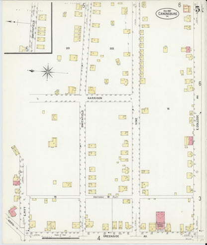 Sanborn Fire Insurance Map from Canonsburg, Washington County, Pennsylvania (1907), Sheet #0005 - Complete Map Set gallery image, historic Sanborn map, vintage wall art, Pennsylvania Pennsylvania