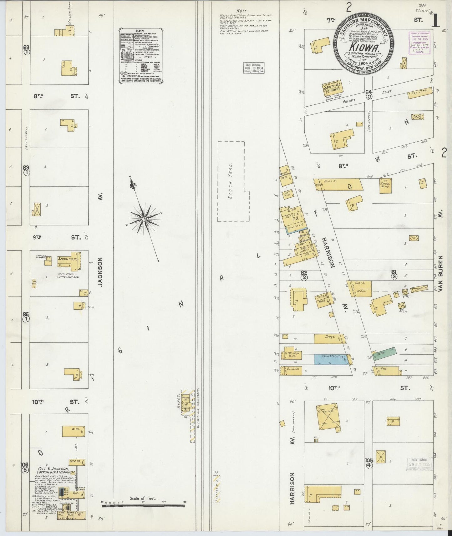 Sanborn Fire Insurance Map from Kiowa, Pittsburg County, Oklahoma (1904), Sheet #0001 - Complete Map Set gallery image, historic Sanborn map, vintage wall art, Oklahoma Oklahoma