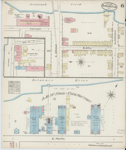 Sanborn Fire Insurance Map from Burlington, Burlington County, New Jersey (1885), Sheet #0006 - Historic Sanborn Fire Insurance Map Print, vintage old map wall art, antique decor, genealogy gift, New Jersey New Jersey map