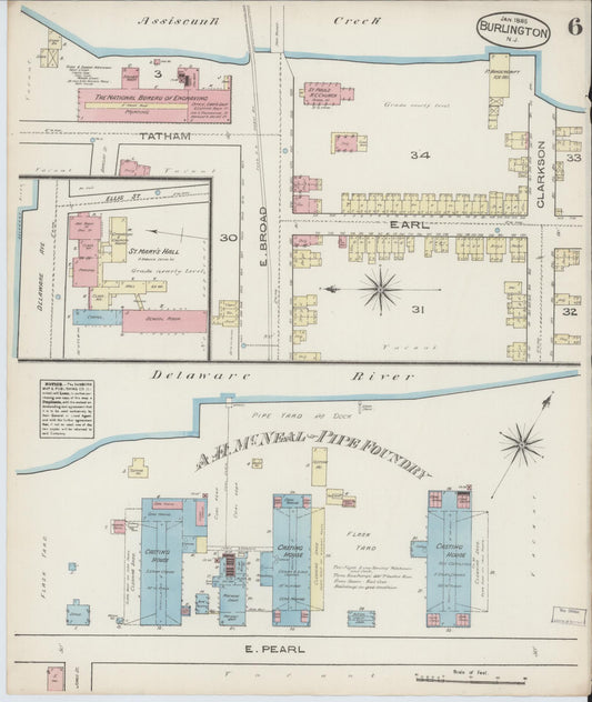 Sanborn Fire Insurance Map from Burlington, Burlington County, New Jersey (1885), Sheet #0006 - Historic Sanborn Fire Insurance Map Print, vintage old map wall art, antique decor, genealogy gift, New Jersey New Jersey map