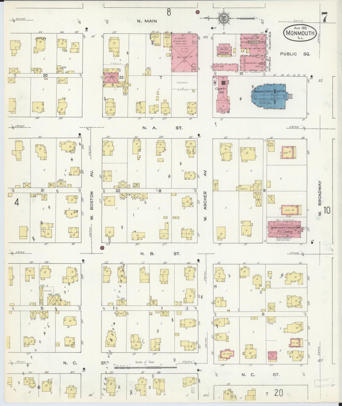Sanborn Fire Insurance Map from Monmouth, Warren County, Illinois (1913), Sheet #0007 - Historic Sanborn Fire Insurance Map Print, vintage old map wall art, antique decor, genealogy gift, Illinois Illinois map
