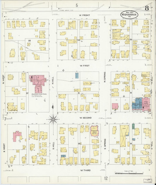 Sanborn Fire Insurance Map from Mishawaka, Saint Joseph County, Indiana (1907), Sheet #0008 - Historic Sanborn Fire Insurance Map Print, vintage old map wall art, antique decor, genealogy gift, Indiana Indiana map