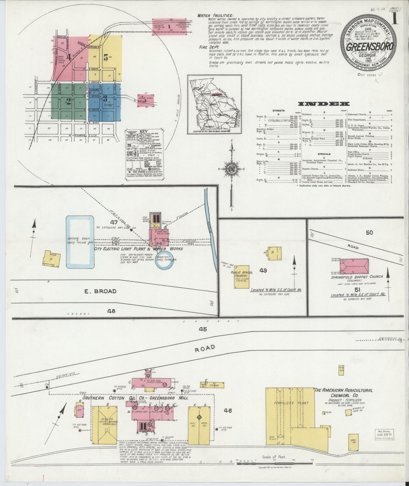 Sanborn Fire Insurance Map from Greensboro, Greene County, Georgia (1921), Sheet #0001 - Historic Sanborn Fire Insurance Map Print, vintage old map wall art, antique decor, genealogy gift, Georgia Georgia map