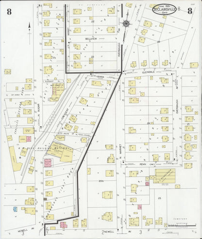 Sanborn Fire Insurance Map from Saint Clairsville, Belmont County, Ohio (1929), Sheet #0008 - Historic Sanborn Fire Insurance Map Print, vintage old map wall art, antique decor, genealogy gift, Ohio Ohio map