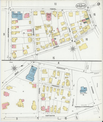 Sanborn Fire Insurance Map from New London, New London County, Connecticut (1901), Sheet #0009 - Complete Map Set gallery image, historic Sanborn map, vintage wall art, Connecticut Connecticut