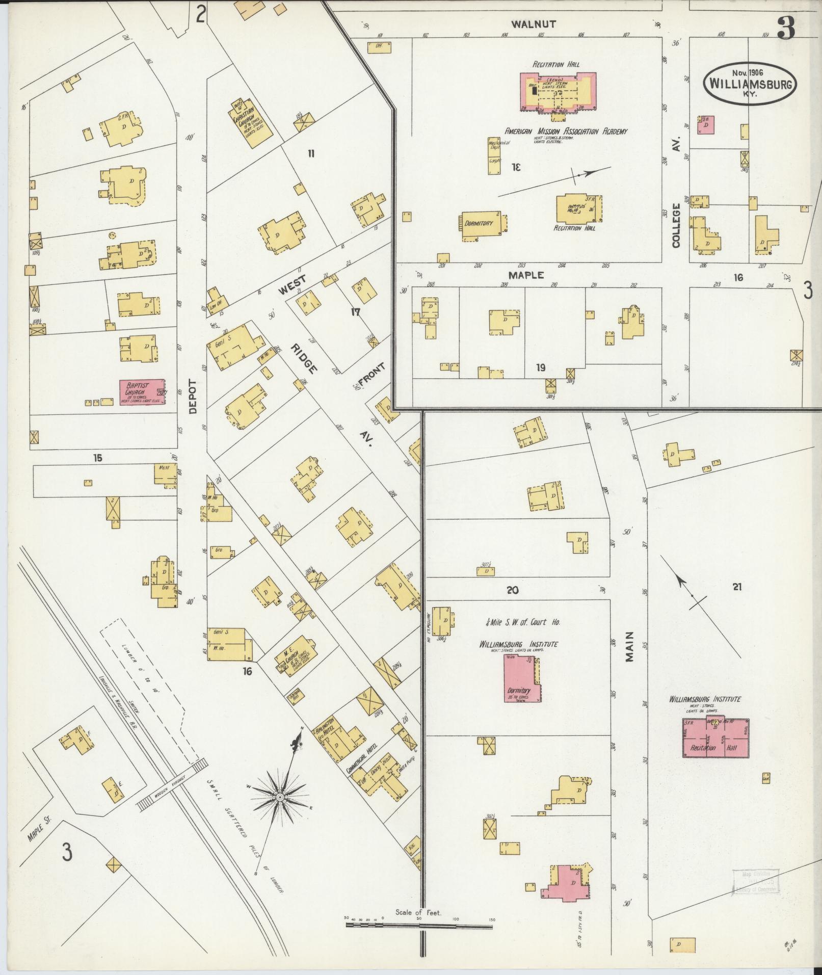 Sanborn Fire Insurance Map from Williamsburg, Whitley County, Kentucky (1906), Sheet #0003 - Complete Map Set gallery image, historic Sanborn map, vintage wall art, Kentucky Kentucky