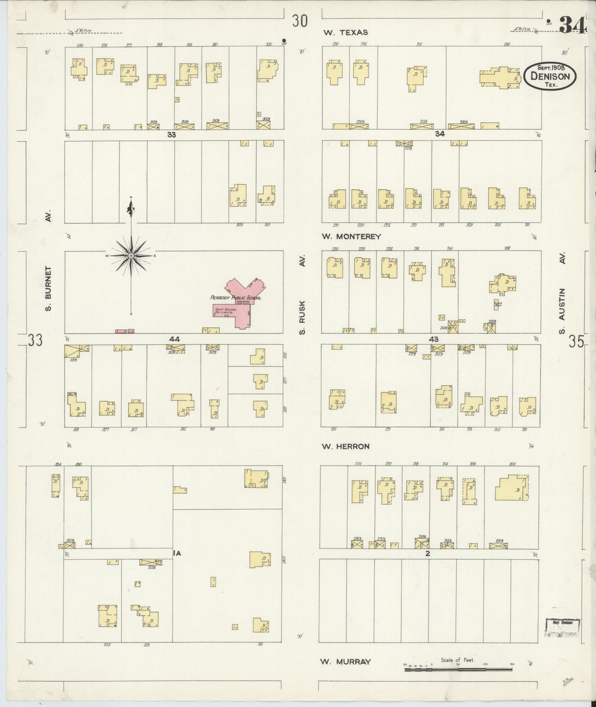 Sanborn Fire Insurance Map from Denison, Grayson County, Texas (1908), Sheet #0034 - Complete Map Set gallery image, historic Sanborn map, vintage wall art, Texas Texas