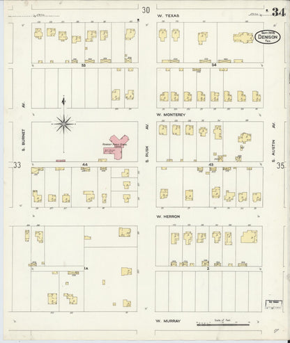 Sanborn Fire Insurance Map from Denison, Grayson County, Texas (1908), Sheet #0034 - Complete Map Set gallery image, historic Sanborn map, vintage wall art, Texas Texas
