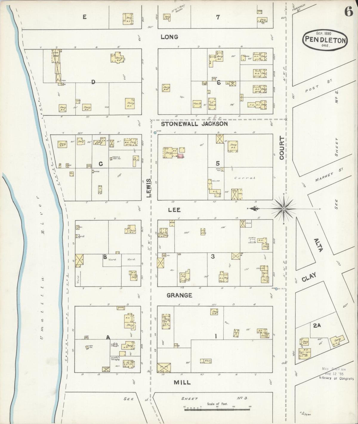Sanborn Fire Insurance Map from Pendleton, Umatilla County, Oregon (1890), Sheet #0006 - Historic Sanborn Fire Insurance Map Print, vintage old map wall art, antique decor, genealogy gift, Oregon Oregon map