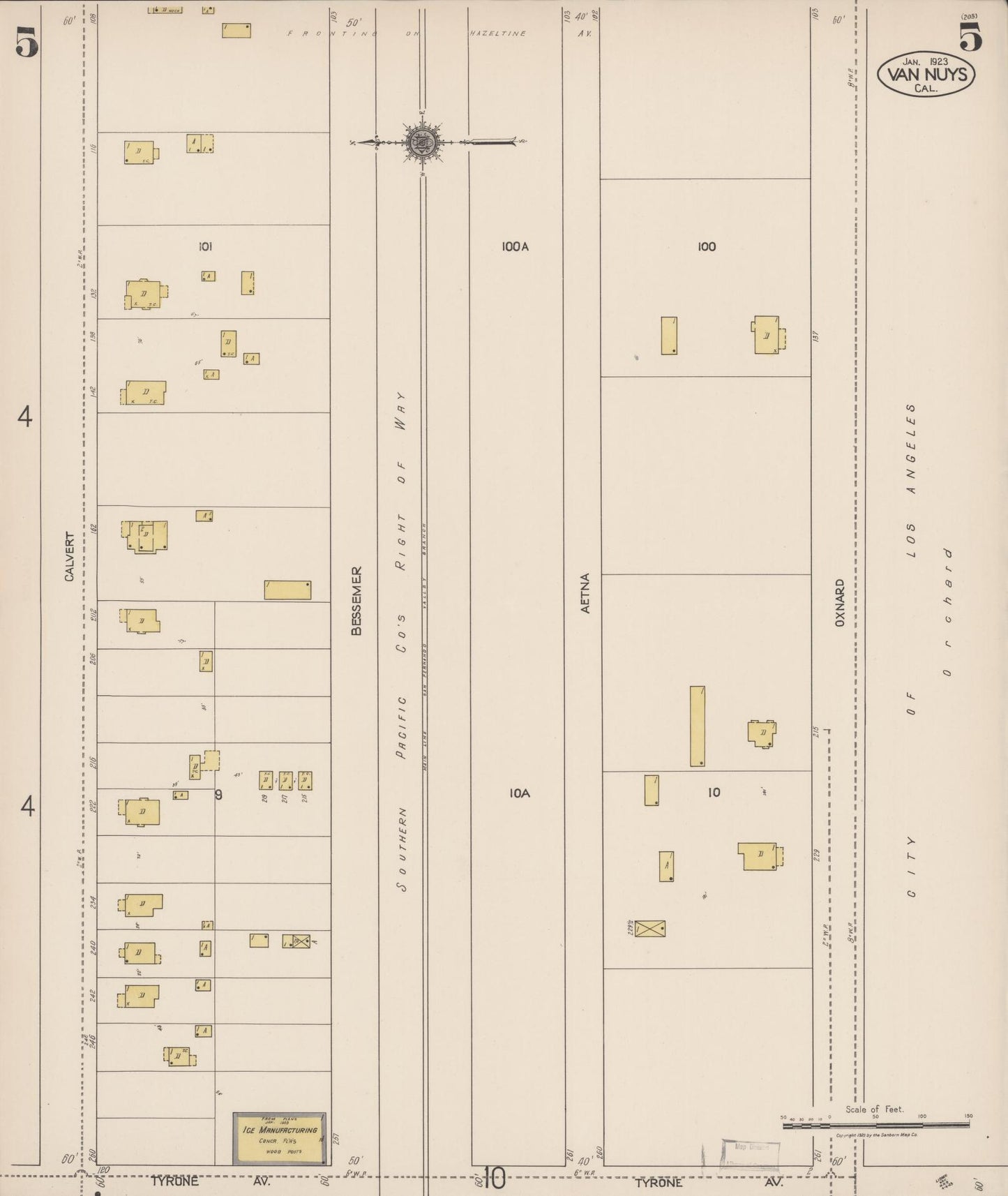 Sanborn Fire Insurance Map from Van Nuys, Los Angeles County, California (1923), Sheet #0005 - Complete Map Set gallery image, historic Sanborn map, vintage wall art, California California